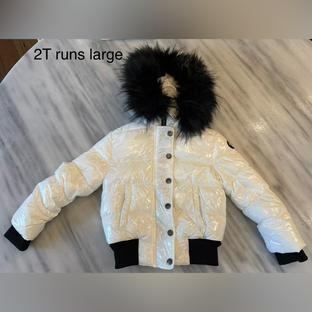2T Appaman Shiny White Puffer Winter Jacket with Black Fur Trim